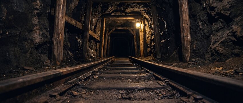 Dimly lit underground mine tunnel with wooden supports and narrow rail tracks leading into dark depths for subterranean coal exploration.