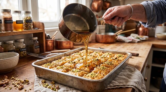 Pouring honey syrup over fresh homemade baklava pastry in a rustic kitchen setting