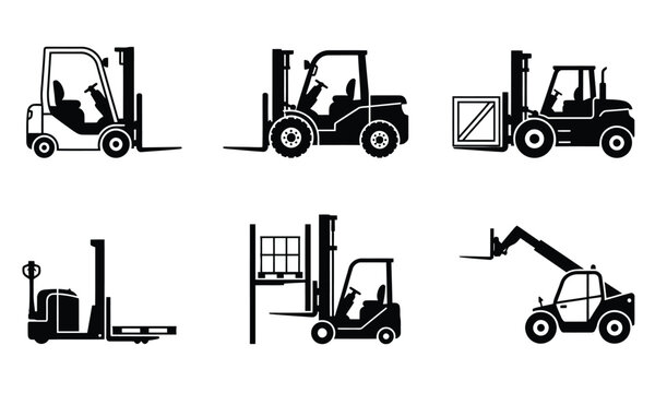 Forklift truck icons set for warehouse logistics and industrial cargo transport isolated on gray transparent background.