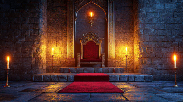 Fantasy castle throne room with an elevated red velvet throne and warm burning candles along stone walls royal chamber red carpet medieval interior