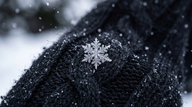 Single snowflake crystal resting on a dark knitted wool fabric during a winter snowfall.