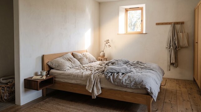 Cozy rustic bedroom interior with wooden bed frame and linen bedding in natural light