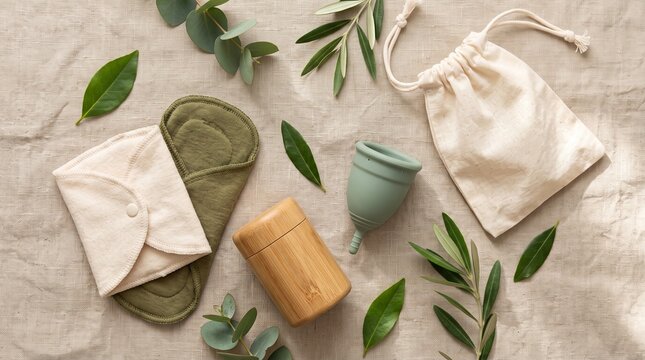 Zero waste menstrual products with reusable cloth pad and silicone cup on linen background