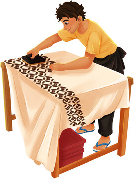 Indonesian Batik Artisan Stamping Batik Cap Fabric Illustration