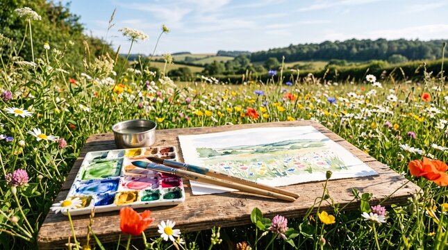 Watercolor painting set on a wooden board in a sunny wildflower meadow landscape
