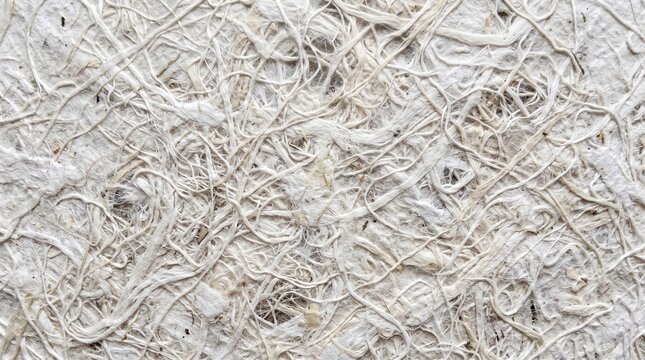 Handmade white paper texture with organic fiber strands and rough recycled material surface.