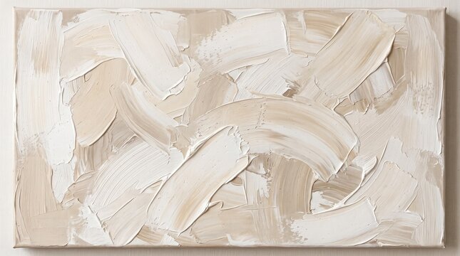 Abstract beige and white oil painting with heavy impasto texture on canvas background.