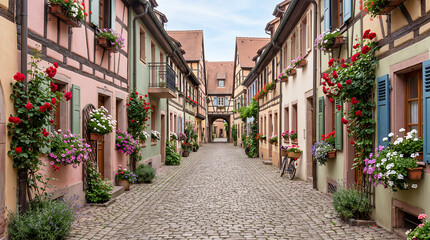 Fototapeta premium Cobblestone alleyway lined with colorful half-timbered houses and abundant flowers street historic european