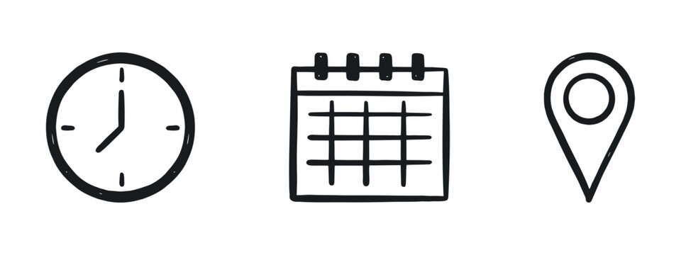 Clock calendar and map marker icons showcase time dates and locations
