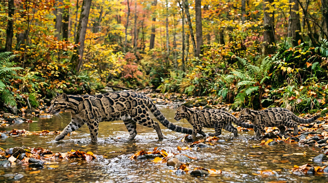 Clouded leopards wading through a shallow stream in an autumn forest big cat feline animal