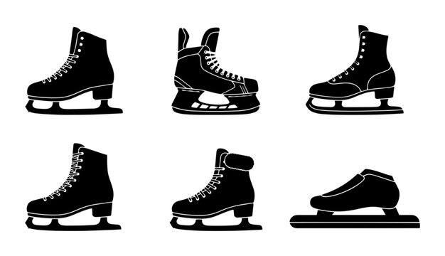 70 Set of Six Black Ice Skates, Figure Skating Boots, Hockey Skates, and Speed Skates Vector Icons for Winter Sports and Recreation Graphics 100