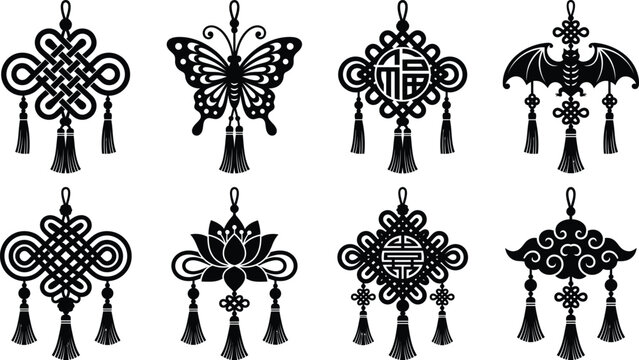 Set of traditional chinese decorative knots with tassels for lunar new year and cultural celebration design elements