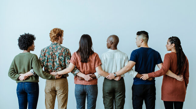 Rear View of Diverse Group of People Holding Hands Behind Backs Over White Background