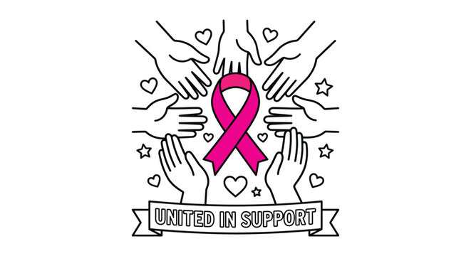 Breast cancer awareness pink ribbon with caring hands line art