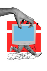 Obraz na płótnie Canvas Composite trend artwork sketch image photo collage of anonymous man holding obsolete computer screen run business remote tech workspace