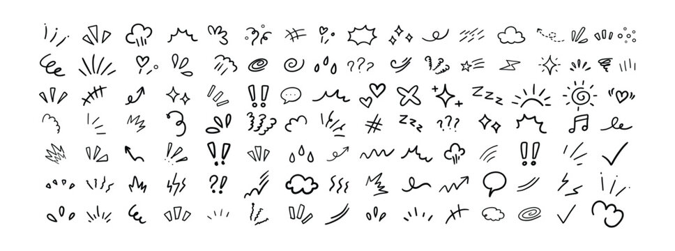 These doodles include clouds, stars, and swirls in various playful designs. Black, hand-drawn elements, vector set. Line movement effect element.