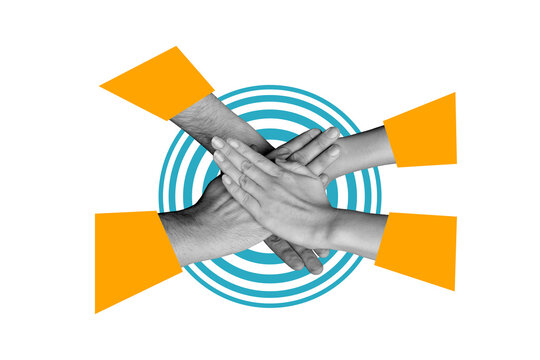 Creative image collage human hands collaboration unity support each other friendship together teamwork teambuilding put arm