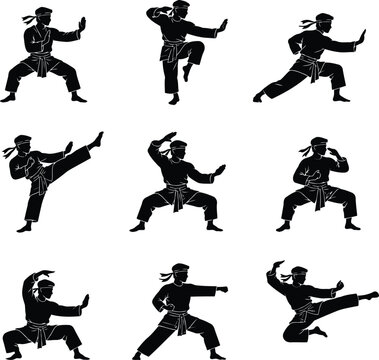 Set of Male Pencak Silat Silhouettes - Indonesian Martial Arts Moves Illustration Vector