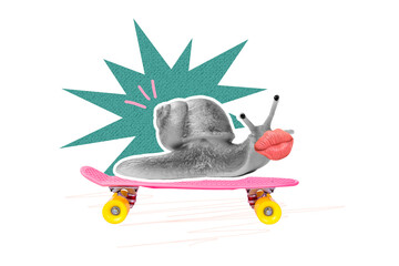 Composite sketch design artwork 3D photo collage of copyspace outdoors skateboard route way snail animal gastropod grimace lips nature © deagreez
