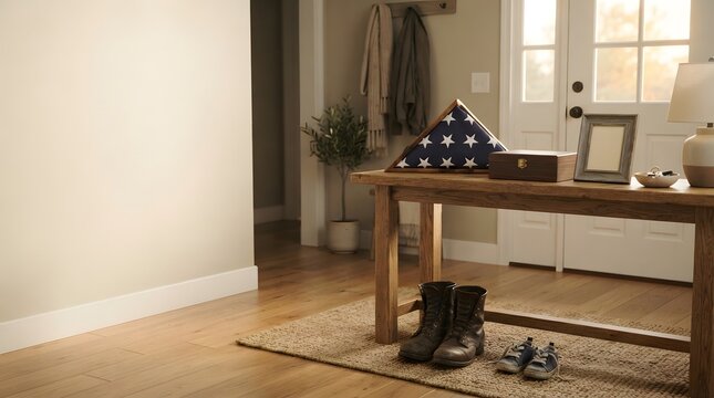 A folded american flag resting on a wooden entryway table with military boots placed on the floor below
