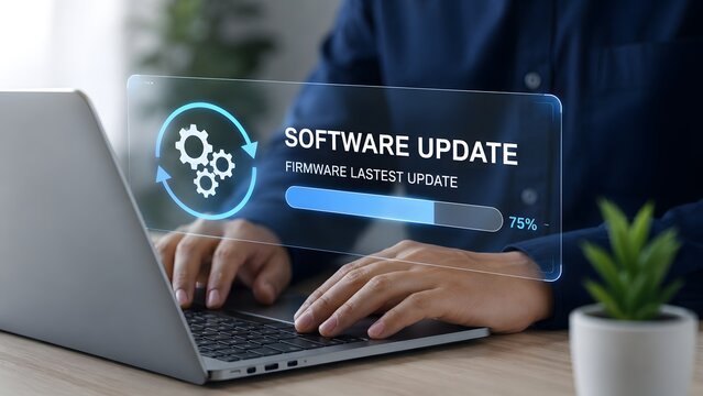 A professional person working on a laptop computer to perform a digital software update using advanced modern information technology systems