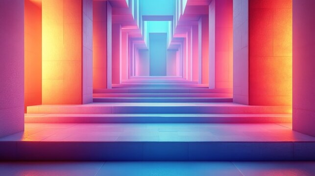 The symmetrical colonnade passageway extends deep into the space and is filled with gradient neon light effects that transition from warm orange-red to cool blue-purple. 