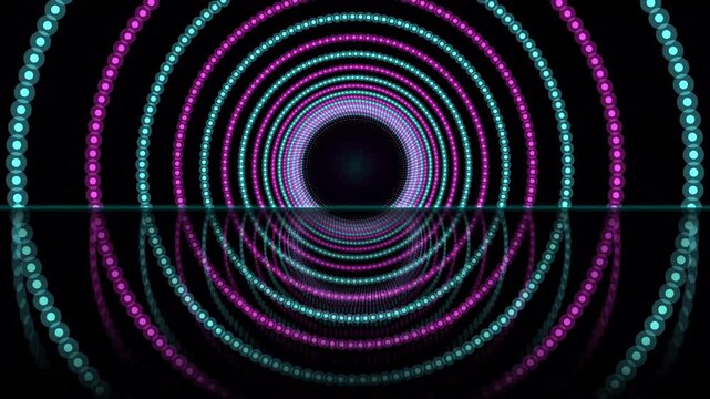 Abstract glowing neon concentric circles tunnel effect with reflective surface and lens flare