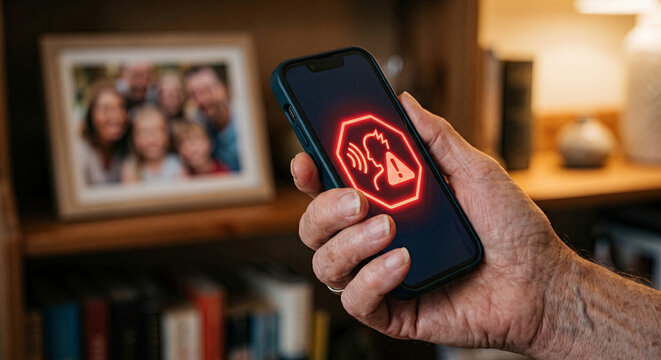 Senior hand holding smartphone with emergency voice alert icon at home