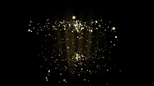 Golden particles swirling and exploding with light rays emanating from a dark background creating