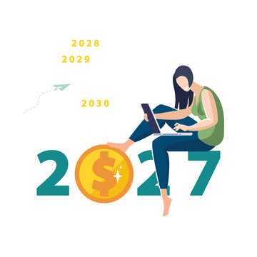 Happy New Year 2027. Girl business lady analyzes financial market growth in laptop, dollars gold cents for new 2027. calendar, background, people, happy holiday, economy, design, vector illustration
