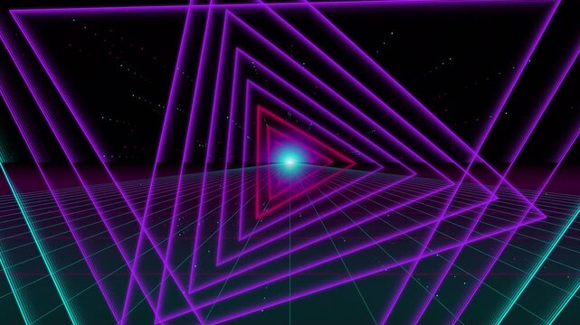 Retro neon tunnel abstract geometric background glowing triangles cyberspace grid perspective
