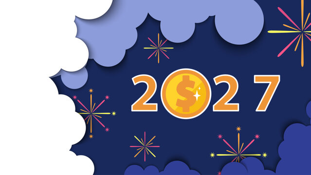 Happy New Year 2027 in paper cut style, business, numbers, gold dollar cent, penny, surrounded by clouds. Dark blue background design, holiday. Elements for calendar, greeting card, vector illustratio