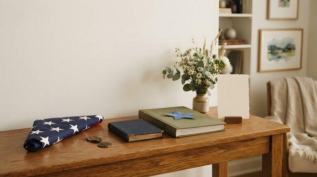 A cozy home interior scene featuring a wooden console table with books flowers and a folded american flag