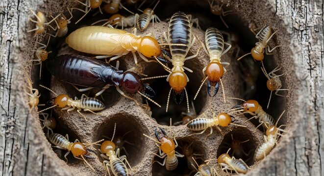 Termite colony inside wooden nest with queen and workers, generated by AI