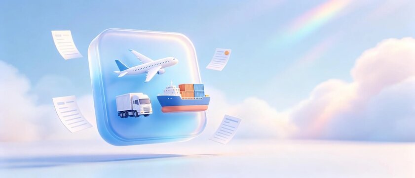 Glassy blue square icon containing airplane truck and cargo ship with document pages flying around, global logistics delivery and freight transport concept