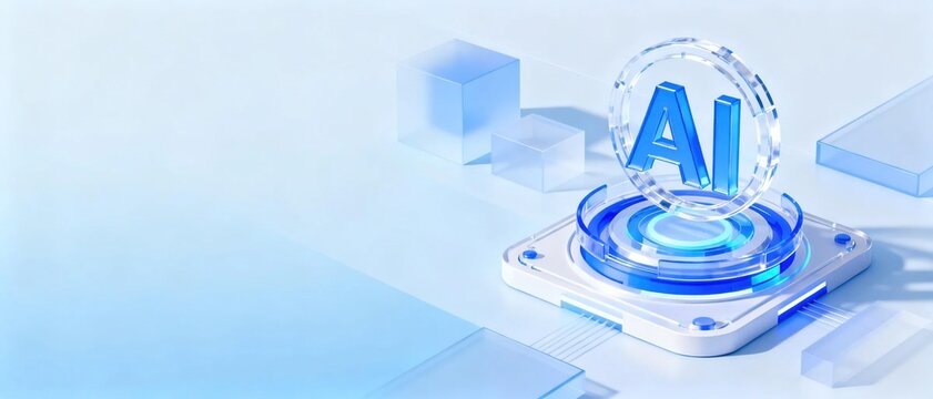 Glassy transparent blue AI text logo placed on glowing blue circular podium, modern artificial intelligence technology and machine learning concept on soft background