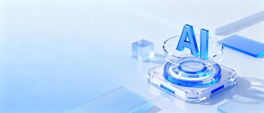 Blue glass AI text logo on glowing layered glass podium with transparent geometric blocks on soft light blue background, artificial intelligence modern technology concept