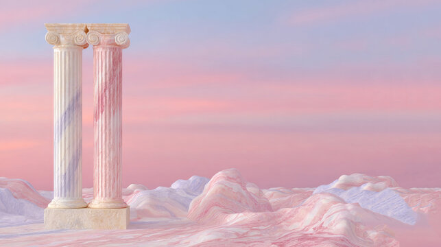 Two pastel marble classical columns stand amid soft pink cloud-like formations, under a gradient pink-purple sky, forming a dreamy ethereal architectural scene.

