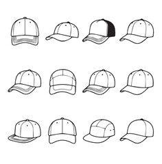 Fototapeta premium Collection of baseball cap outlines in diverse styles on a white background