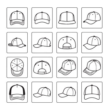 Collection of baseball caps in various styles on a white background with clean lines