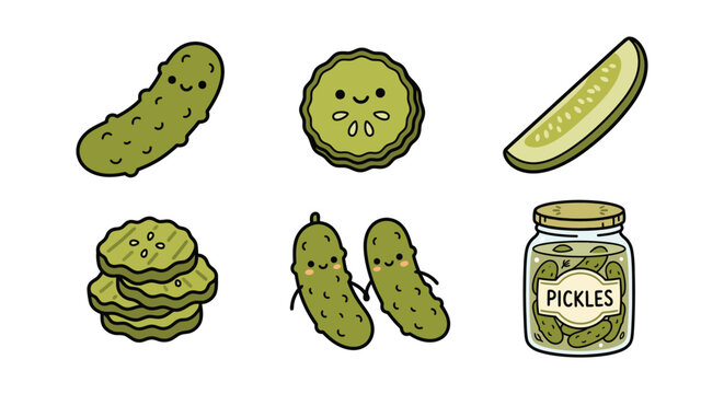 Cute kawaii pickles set with whole gherkin slice stack and jar vector