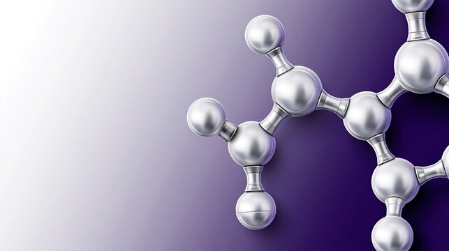Metallic silver connected molecular structure on gradient purple background, modern science chemistry and nanotechnology research premium concept background
