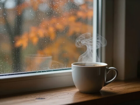 Ultra-realistic cozy morning scene with a steaming ceramic coffee cup beside a rainy autumn window, blurred orange foliage outside, warm interior light, cinematic lifestyle photography, soft atmospher