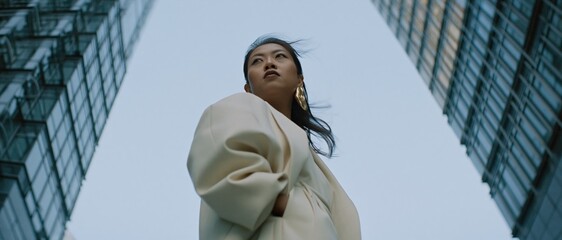 Naklejka premium Confident Asian woman looking up between towering city skyscrapers, symbolizing ambition and urban success