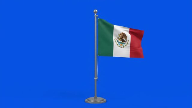 Mexican flag waving on a flagpole against a blue screen, representing national pride and identity.