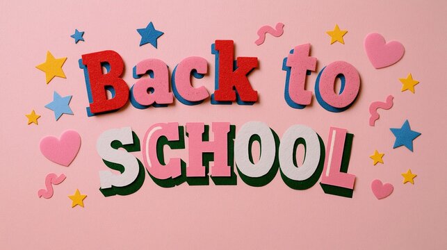 Colorful 3d paper cut back to school text with decorative stars and hearts on soft pink background, back to school season education concept for kids