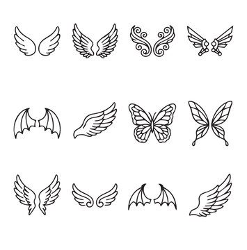 Collection of diverse hand drawn wings and butterflies in a simple line art style on a white background
