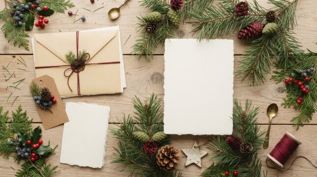 Festive Christmas Flat Lay: A beautifully arranged flat lay featuring Christmas elements like pine branches, pinecones, berries, a gift, a tag, blank cards, and a spool of thread.