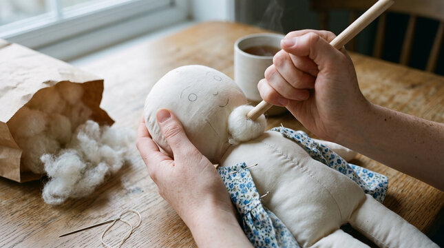 Hands stuffing rag doll with wool at wooden table, handmade toy crafting and sewing process at home