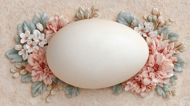 Against a light beige textured background, a smooth, pure white oval egg sits in the center of the image, surrounded by three-dimensional relief-style pink peonies, small white flowers